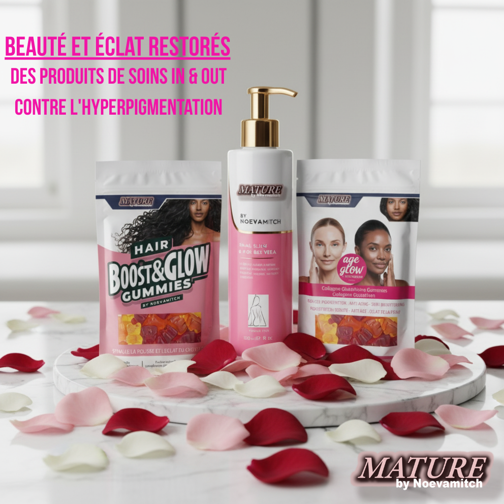 Le COFFRET TRILOGY BEAUTÉ de MATURE by Noevamitch combine trois soins essentiels pour une routine complète In & Out Contre l'hyperpigmentation.