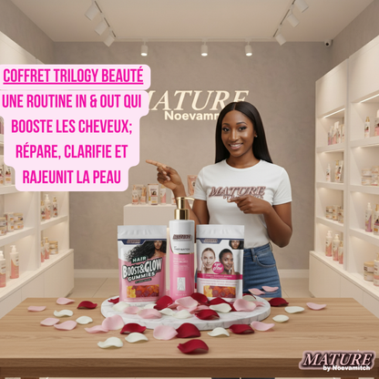 Le COFFRET TRILOGY BEAUTÉ de MATURE by Noevamitch combine trois soins essentiels pour une routine complète In & Out Contre l'hyperpigmentation.