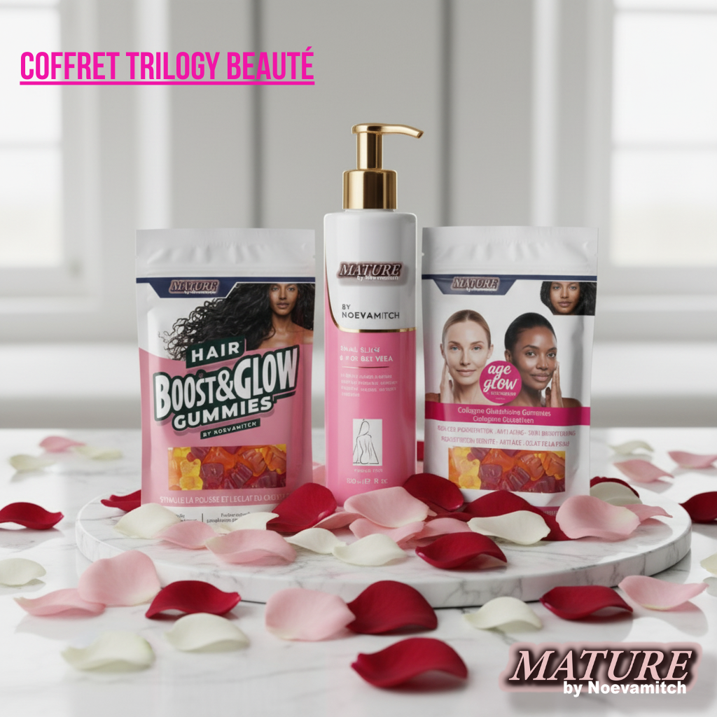 Le COFFRET TRILOGY BEAUTÉ de MATURE by Noevamitch combine trois soins essentiels pour une routine complète In & Out Contre l'hyperpigmentation.